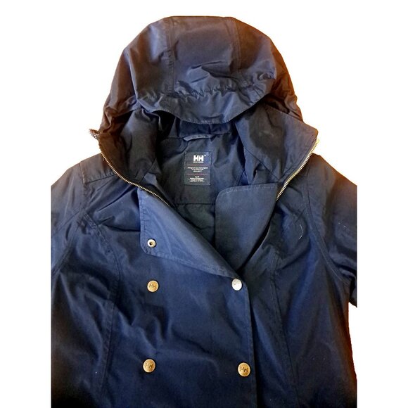 Womens Helly Hansen Welsey Trench Raincoat Hooded Pockets Navy Blue Size S - Picture 4 of 8